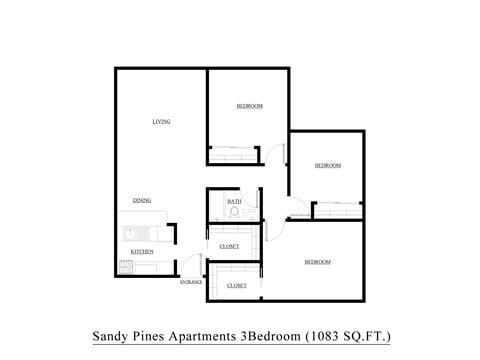 Floor plan for 3 beds, 1 bath, 1200 sqft